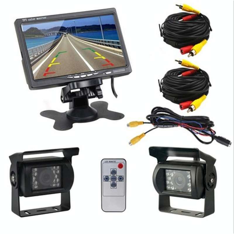 PZ-607-2 Wireless Vehicle Truck Dual Backup Camera and Monitor Infrared Night Vision Rear View Ca...
