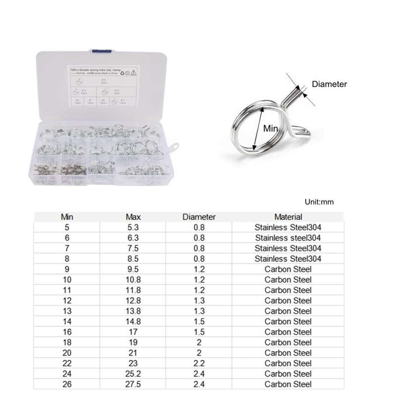 70 PCS Double Wire Spring Tube Clamp Water Pipe Clamps, Size: 5.0-18mm