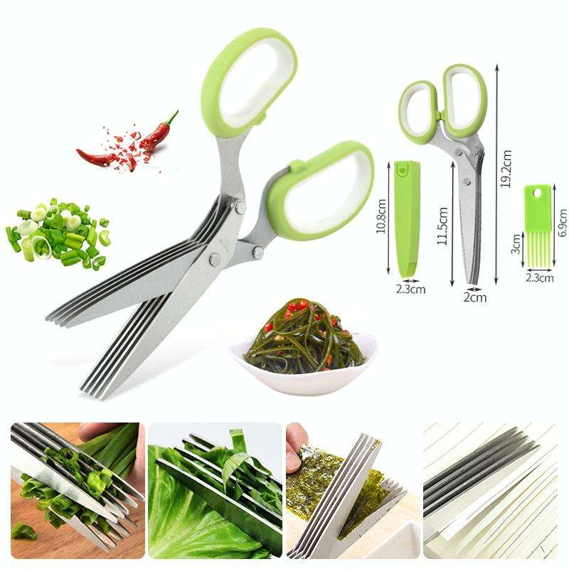 Five-Layer Vegetable Scissors Office Shredding Stainless Steel Scissors(Green White)