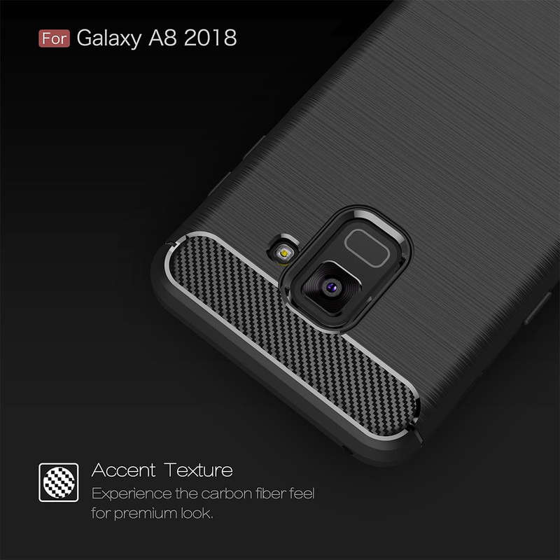For Galaxy A8 (2018) Brushed Texture Carbon Fiber Shockproof TPU Protective Back Case (Red)