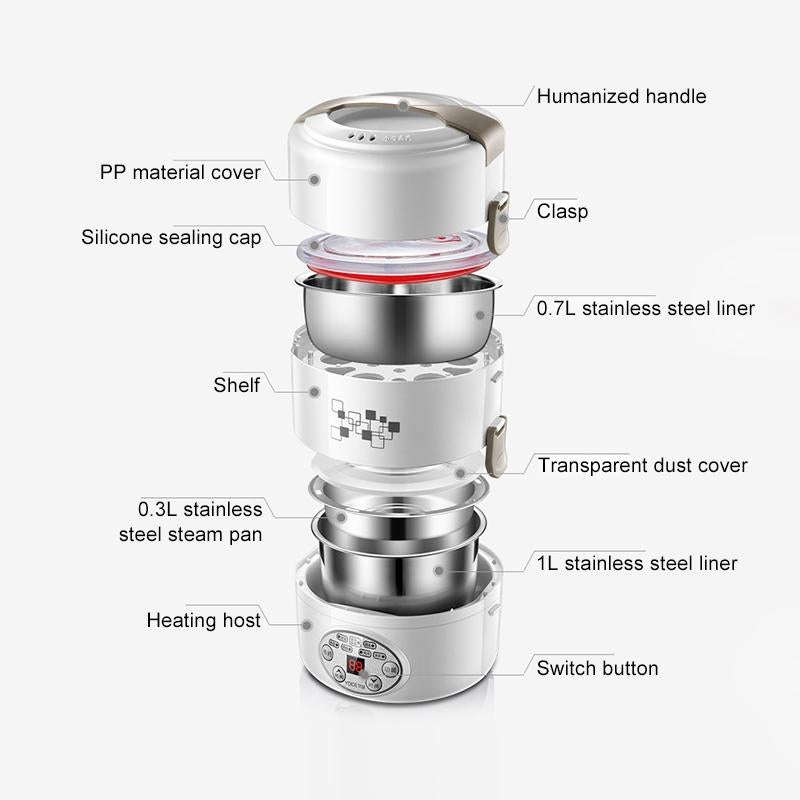 Yoice 220V Multi-function Electric Lunch Box Three-layer Stainless Steel Inner Rice Cooker, CN Pl...