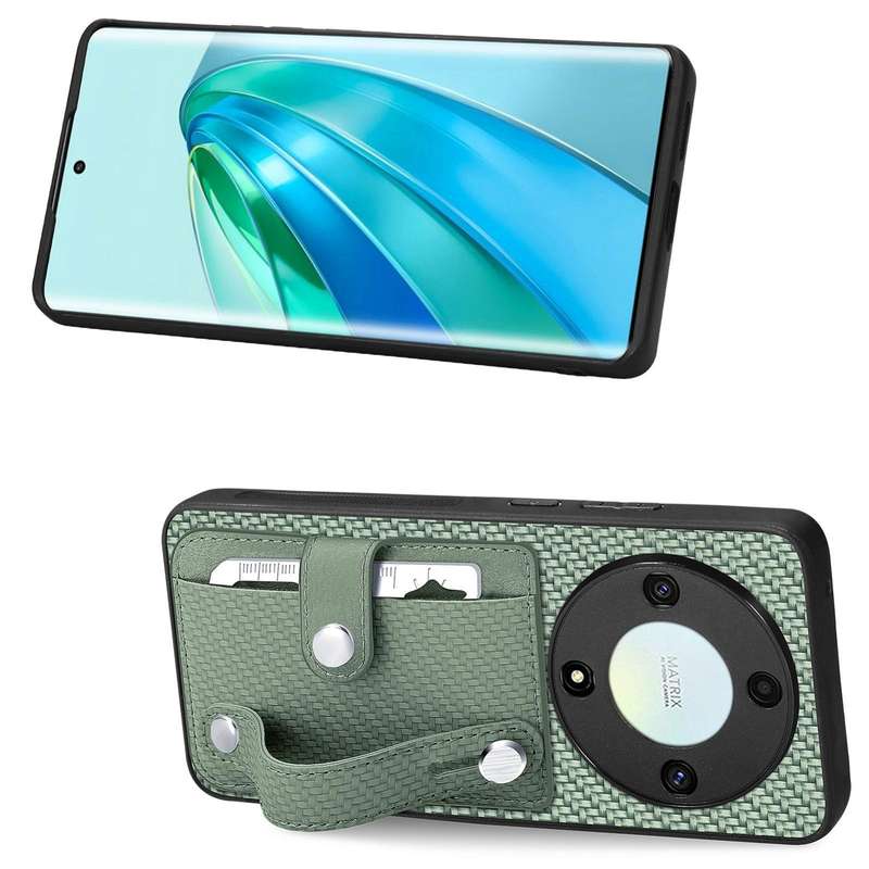 For Honor X9A Wristband Kickstand Card Wallet Back Cover Phone Case with Tool Knife(Green)