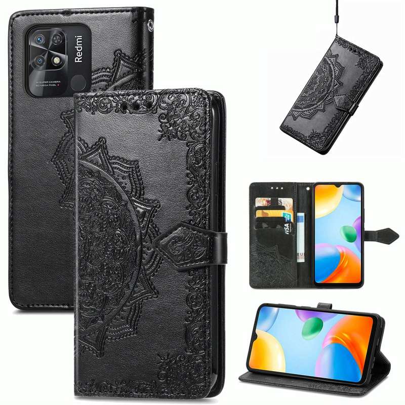 For Xiaomi Redmi 10C Mandala Flower Embossed Flip Leather Phone Case(Black)