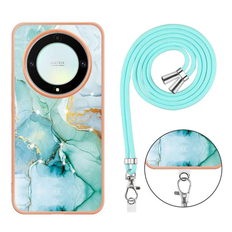 For Honor X9a/Magic5 Lite Electroplating Marble Dual-side IMD Phone Case with Lanyard(Green 003)