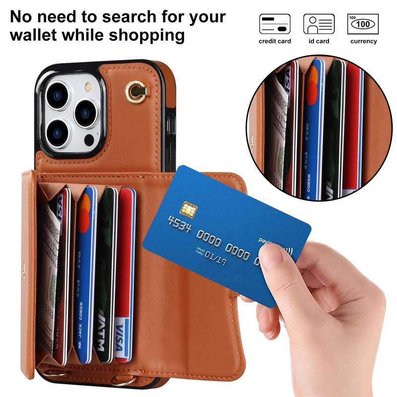For iPhone 14 Pro Max RFID Card Slot Phone Case with Long Lanyard(Brown)