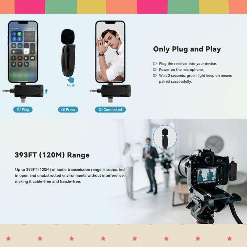 One by Two 3 in 1 Mini Wireless Lavalier Microphones for iPhone / Android / Camera with Noise Red...