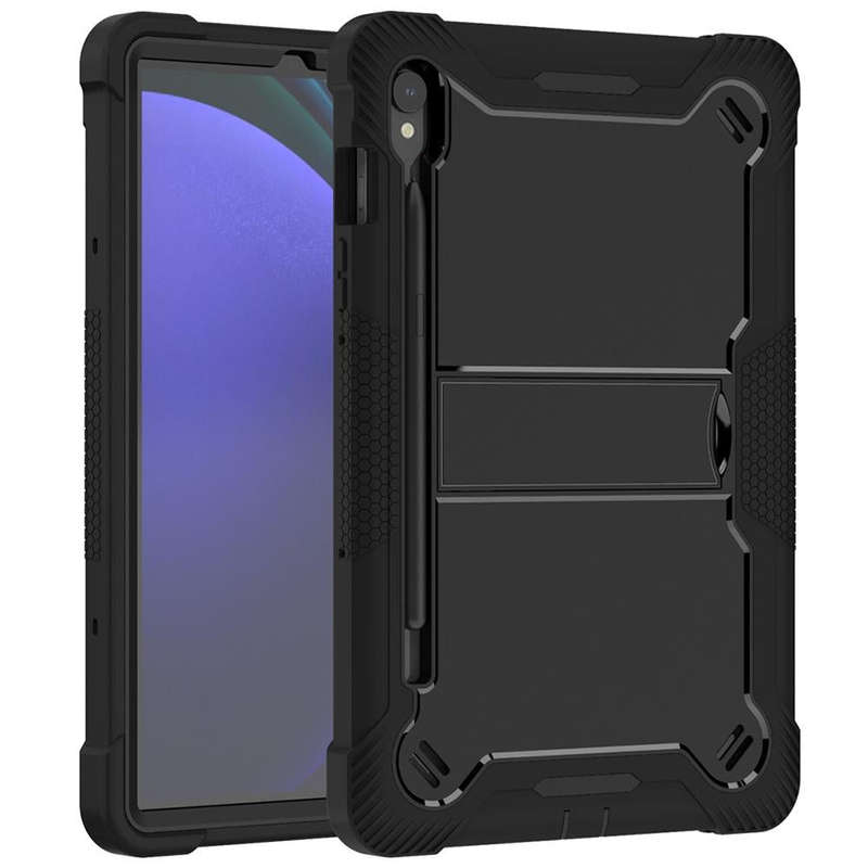 For Samsung Galaxy Tab S9 Shockproof Silicone Hybrid PC Tablet Case with Holder(Black)