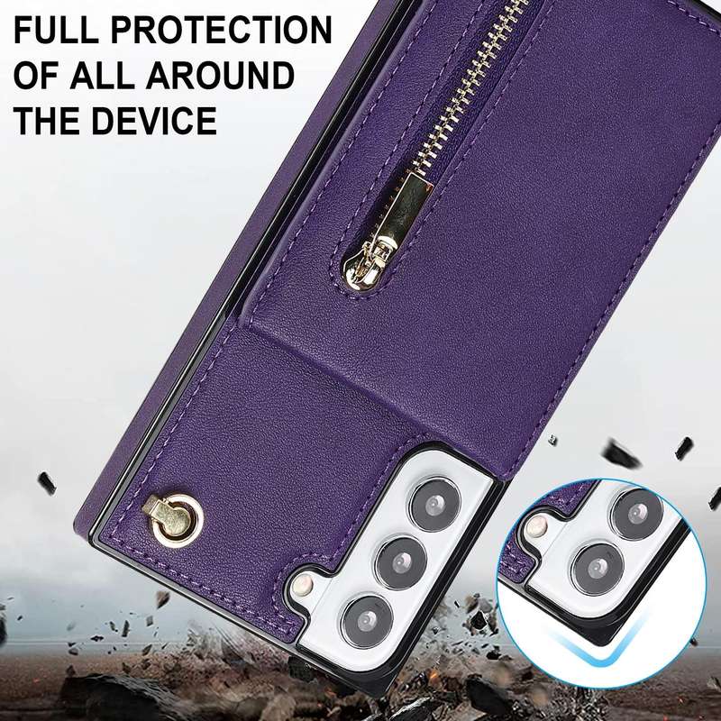 For Samsung Galaxy S21 FE 5G Cross-body Square Zipper Card Holder Bag Phone Case(Purple)