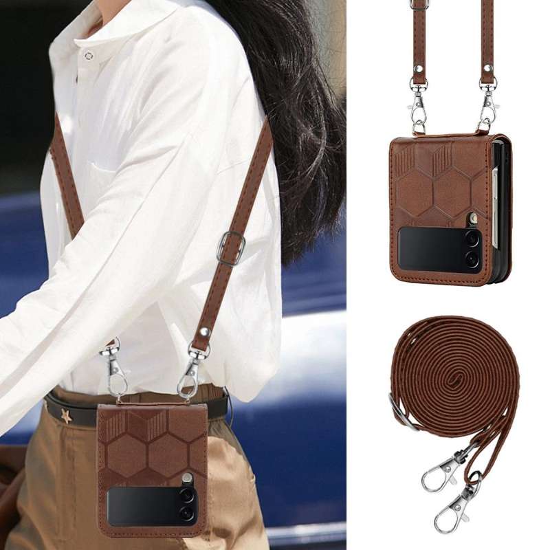 For Samsung Galaxy Z Flip3 5G Crossbody Football Texture Leather Phone Case(Brown)