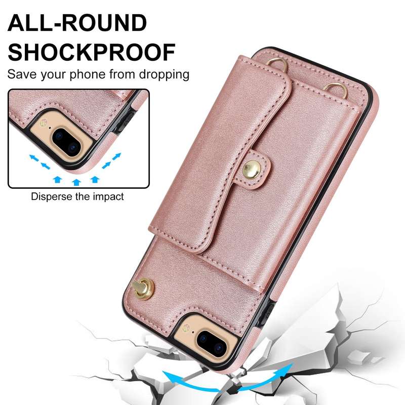 For iPhone 8 Plus / 7 Plus RFID Card Slot Phone Case with Long Lanyard(Rose Gold)
