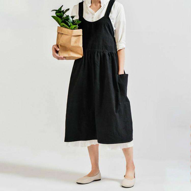 High Waist Cotton Linen Solid Color Apron(Black)