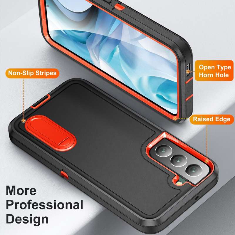 For Samsung Galaxy S22 5G 3 in 1 Rugged Holder Phone Case(Black+Orange)
