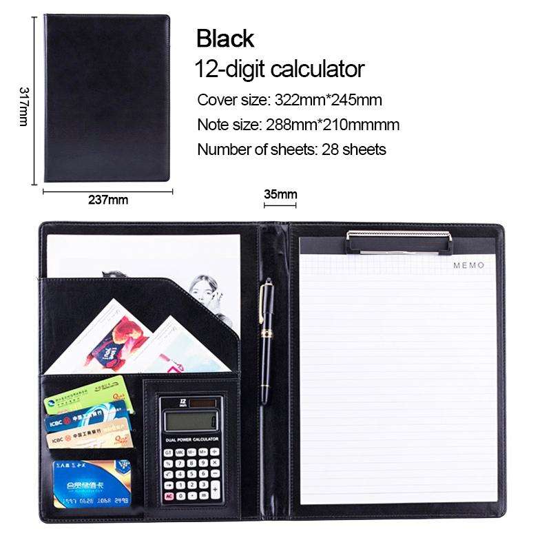 Office Supplies Business Style Leather Document Folder with 30-pages A4 Note Pad & Calculator (Bl...