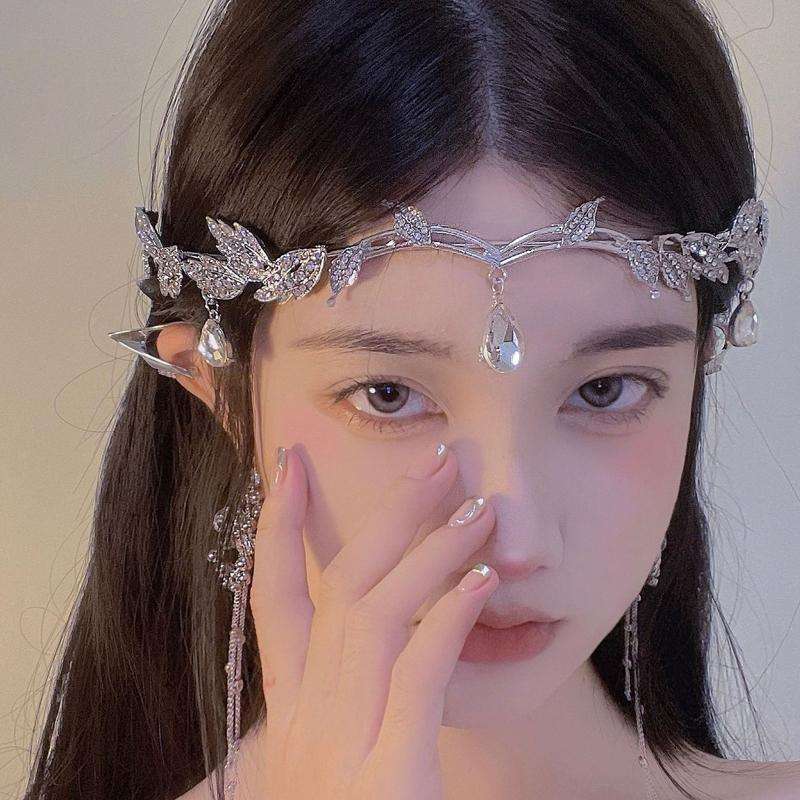 Leaves Frontal Ornaments Crown Hair Band Rhinestone Headdress(Silver)