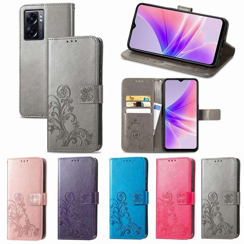 For OPPO A77 Four-leaf Clasp Embossed Buckle Leather Phone Case(Rose Gold)