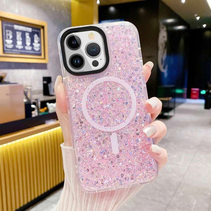 For iPhone 15 Pro Max Gold Armor MagSafe Glitter Epoxy Phone Case(Pink)