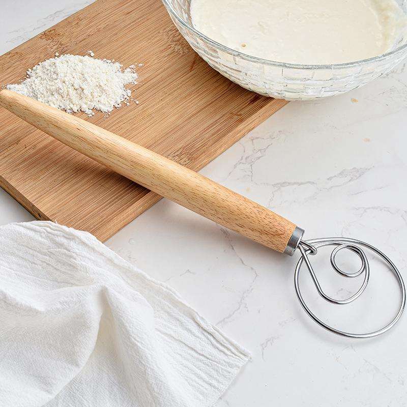 2 PCS 13 Inch Oak Handle Flour Mixer Dough Stainless Steel Mixing Rod Coil Whisk Double Circle Ag...