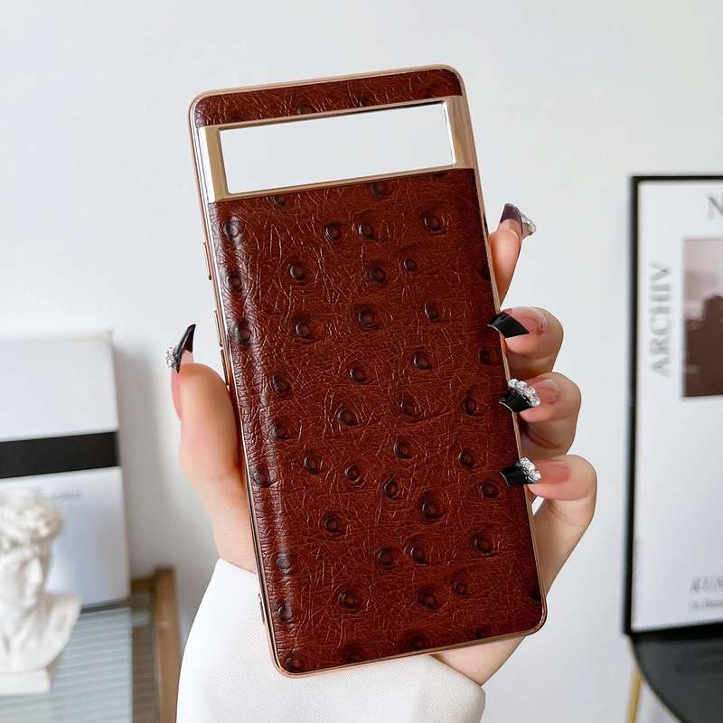 For Google Pixel 7 Pro Genuine Leather Ostrich Texture Nano Electroplating Phone Case(Coffee)