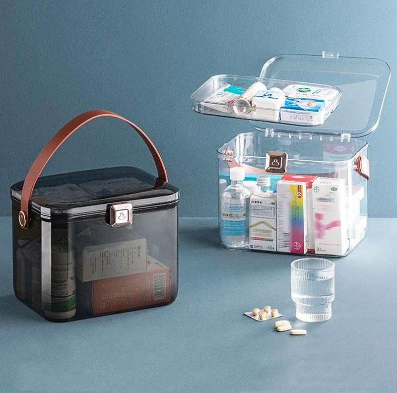 AA329 Double Layer Transparent Home Medicine Box Large Capacity Medicine Box(Black)