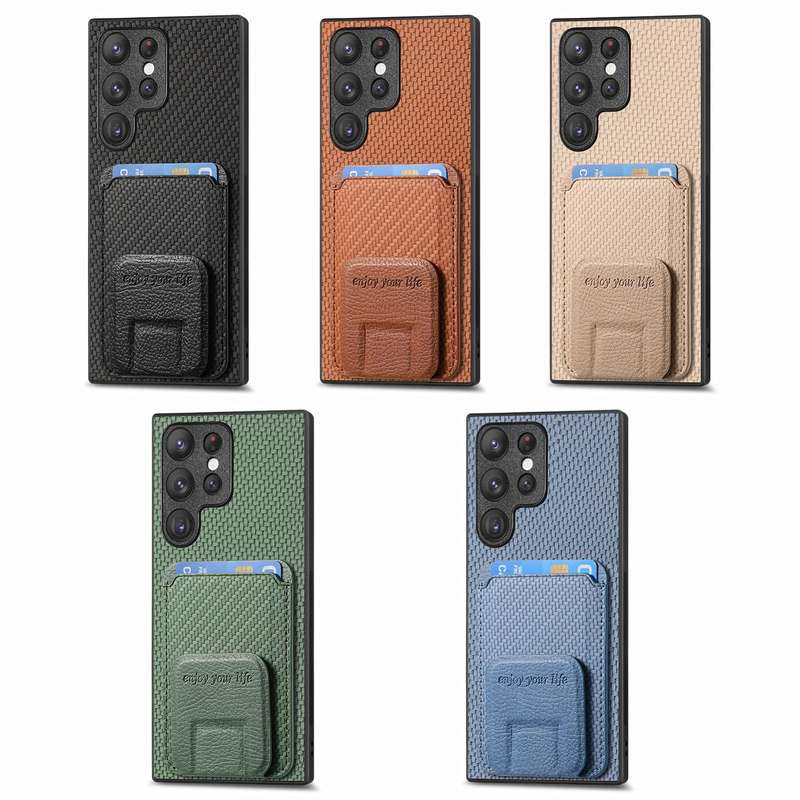 For Samsung Galaxy A73 5G Carbon Fiber Card Bag Fold Stand Phone Case(Khaki)