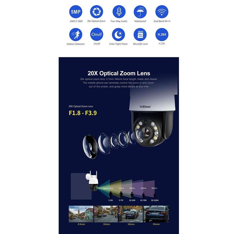 SriHome SH041 5.0MP 20X Optical Zoom 2.4G/5G WiFi IP66 Waterproof AI Auto Tracking H.265 Video Su...