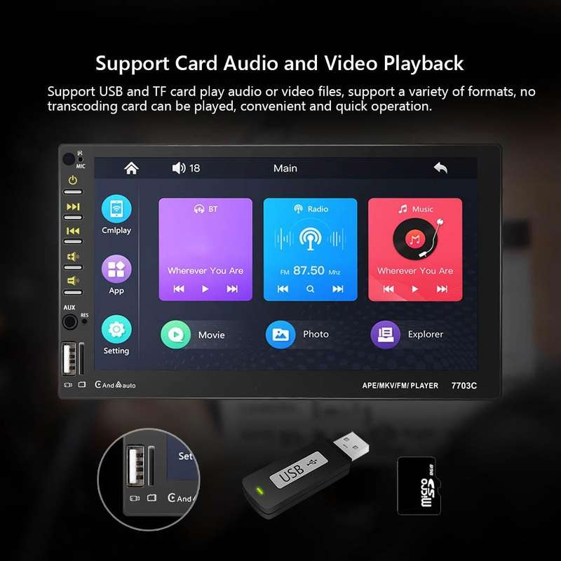 7703C 7 inch Car Double Butt Universal MP5 Bluetooth Player, Style: Standard+8 Light Camera