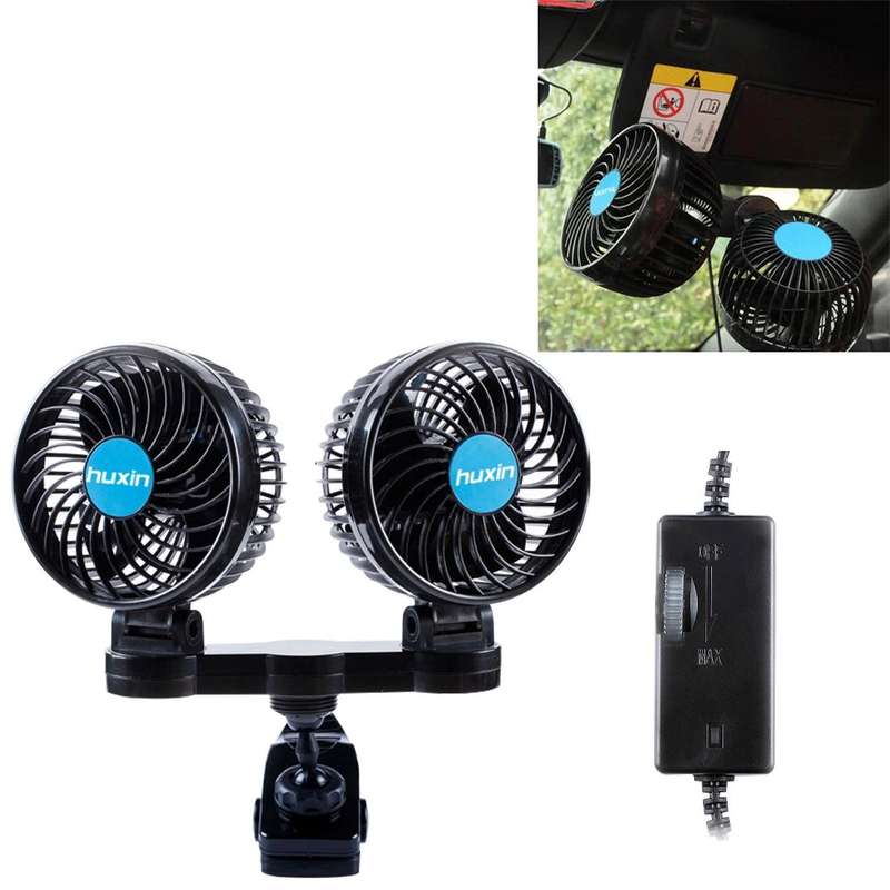 HUXIN HX-T605E 7W 360 Degree Adjustable Rotation Clip Two Head Low Noise Mini Electric Car Fan wi...