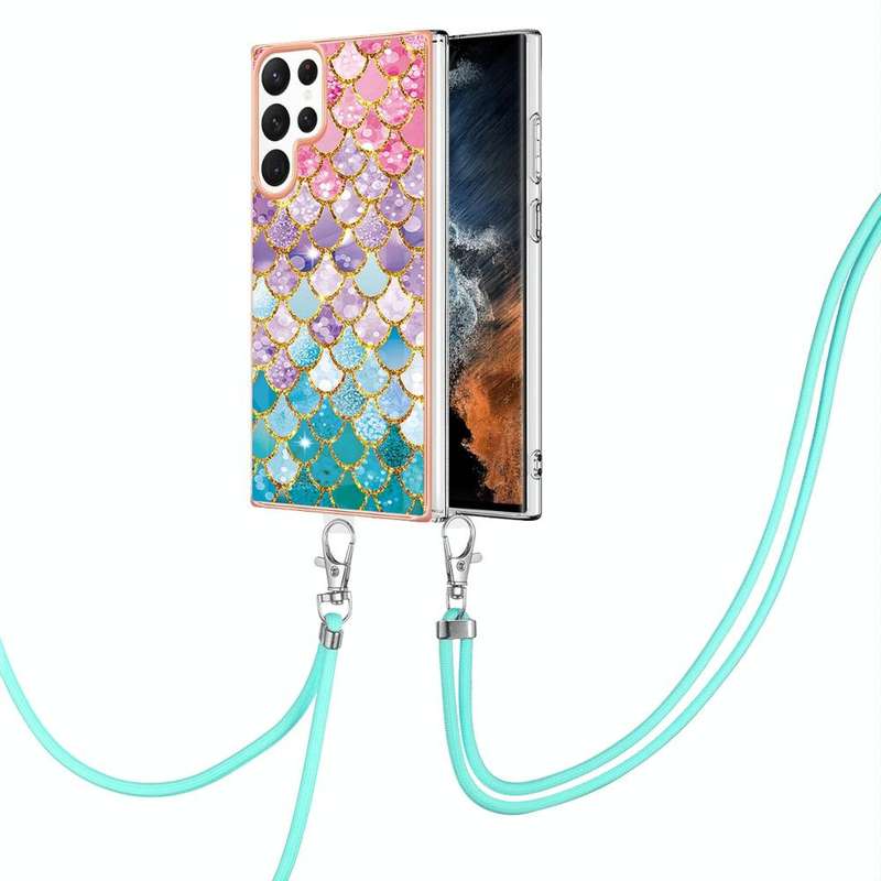 For Samsung Galaxy S22 Ultra 5G Electroplating IMD TPU Phone Case with Lanyard(Colorful Scales)