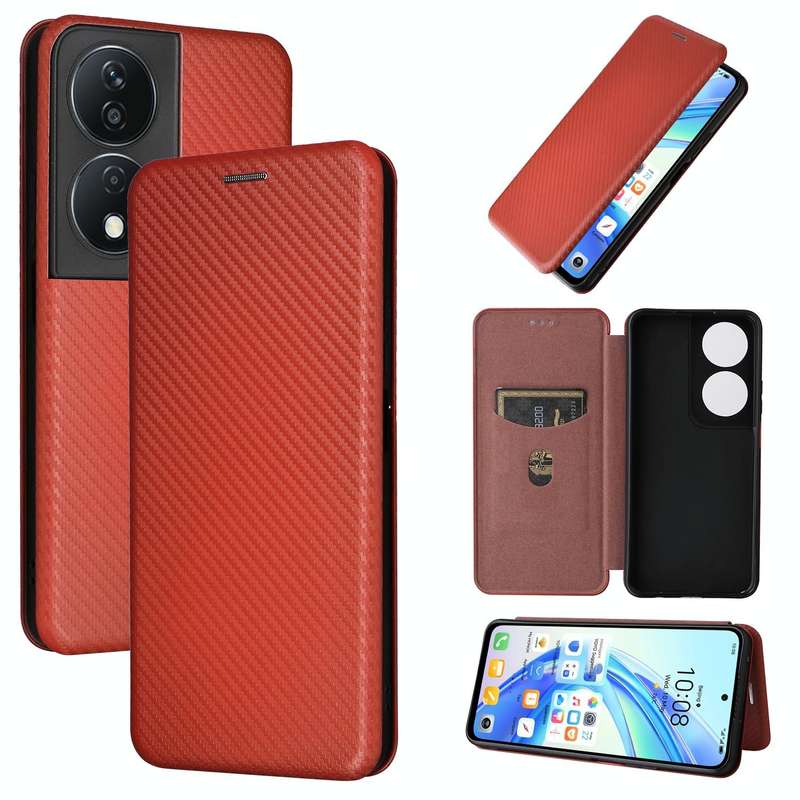 For Honor X7b Carbon Fiber Texture Flip Leather Phone Case(Brown)