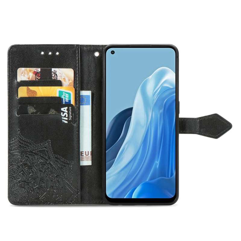 For OPPO Reno7 4G Mandala Flower Embossed Horizontal Flip Leather Phone Case(Black)