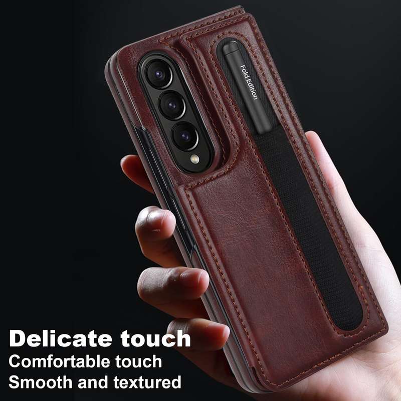For Samsung Galaxy Z Fold3 Full Coverage Fold Double Buckle PU Phone Case with Pen Slots(Brown)