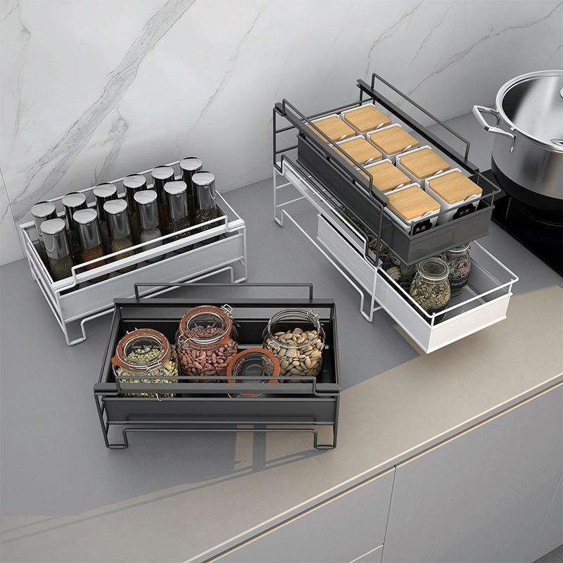 Kitchen Countertop Under Sink Spice Racks Can Be Stacked With Multi-Layer Pull-Out Storage Wrough...