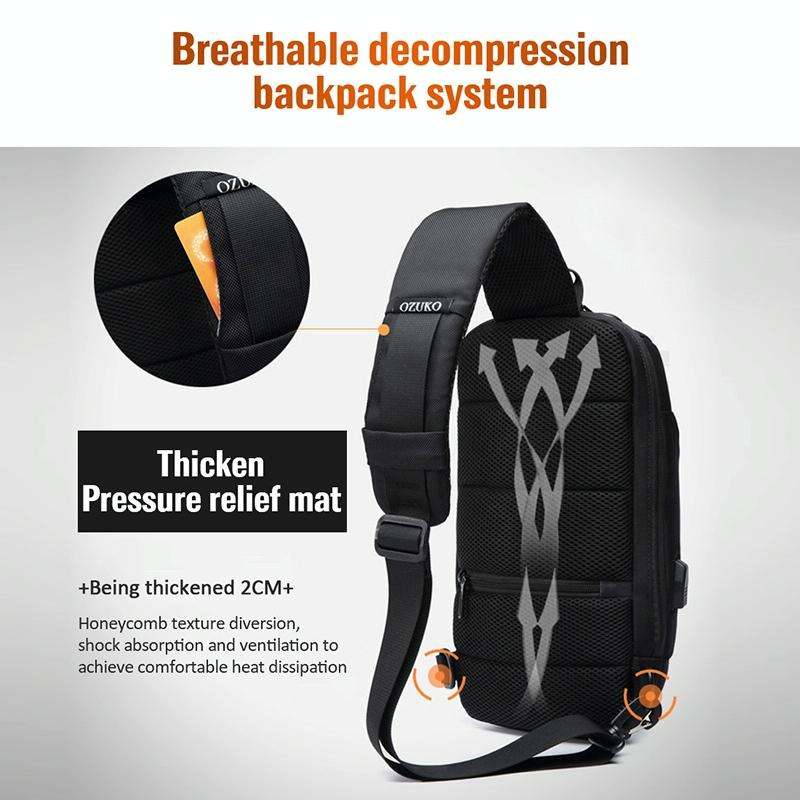 OZUKO 9223 Anti-theft Men Chest Bag Waterproof Crossbody Bag with External USB Charging Port, Sty...