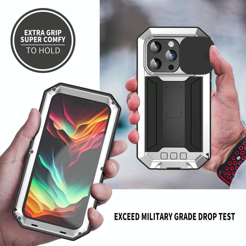 For iPhone 15 Pro Max R-JUST Sliding Camera Life Waterproof Holder Phone Case(Silver)