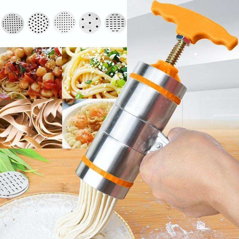 5 Molds Household Manually Small Stainless Steel Pressing Style Handhold Noodle Machine (Orange)