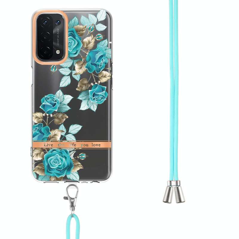 For OPPO A74 5G / A93 5G / A54 5G / A93S 5G Flowers Series TPU Phone Case with Lanyard(Blue Rose)