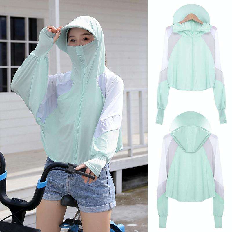 Women Short Shawl Hooded Breathable Sun Protection Clothes Outdoor, Size: One Size(Colorblock Green)