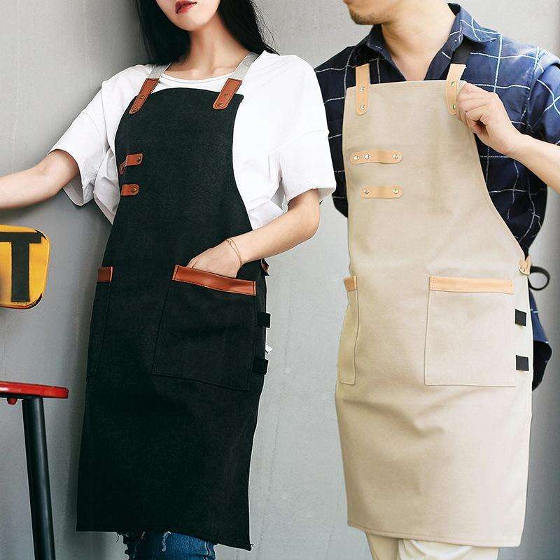 Washed Canvas Apron Chef Cafe Shop BBQ Hairdresser Aprons(Khaki)