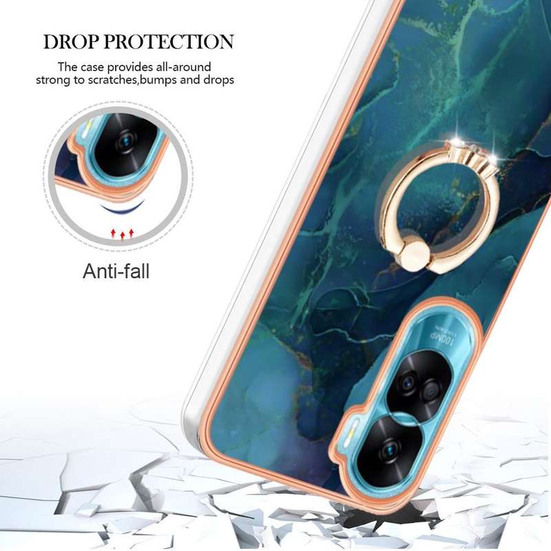 For Honor 90 Lite 5G Electroplating Marble Dual-side IMD Phone Case with Ring(Green 017)