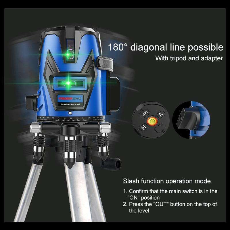 MBOOS Green Light 3 Line Outdoor Laser Level Instrument with Anti-drop Plastic Box & 1m Tripod