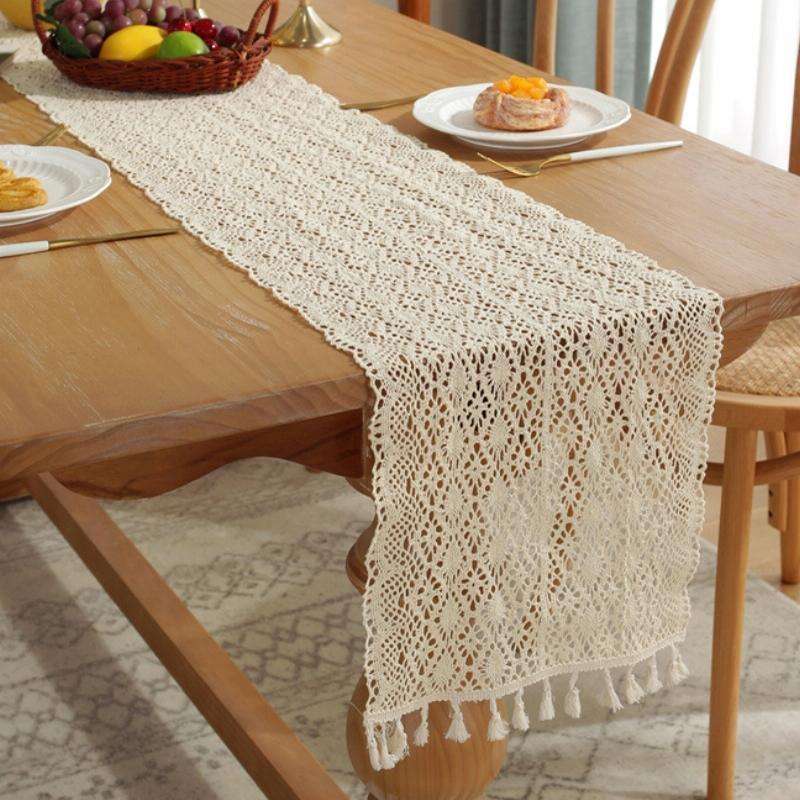 Widened And Stitched Rustic Knitted Hollow Tablecloth, Size: 30x200cm(Leaves Double Stitching)
