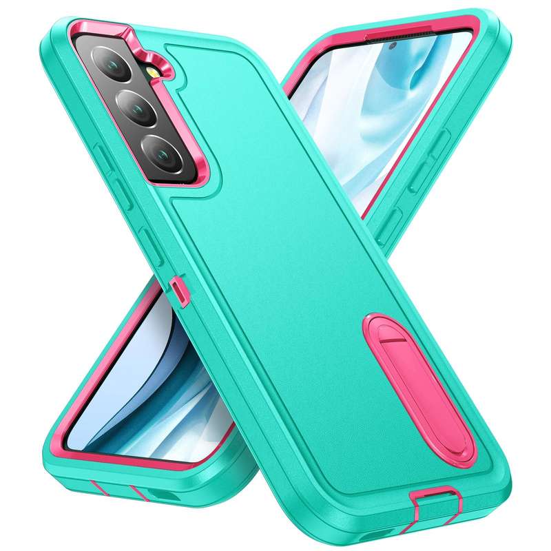 For Samsung Galaxy S22 5G 3 in 1 Rugged Holder Phone Case(Blue+Pink)