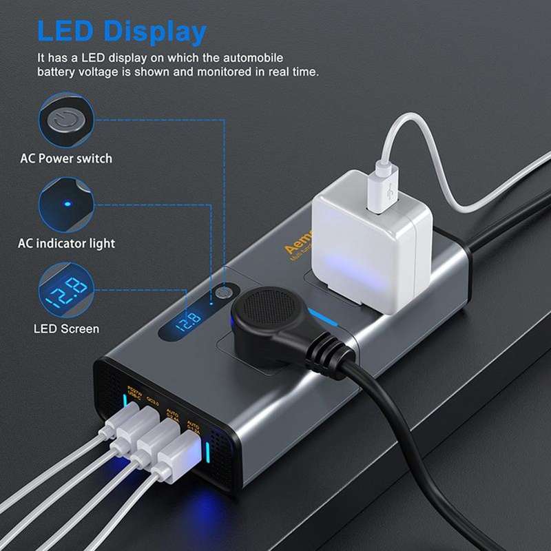 Aemeku Car 200W Inverter USB Power Converter Socket, US Plug