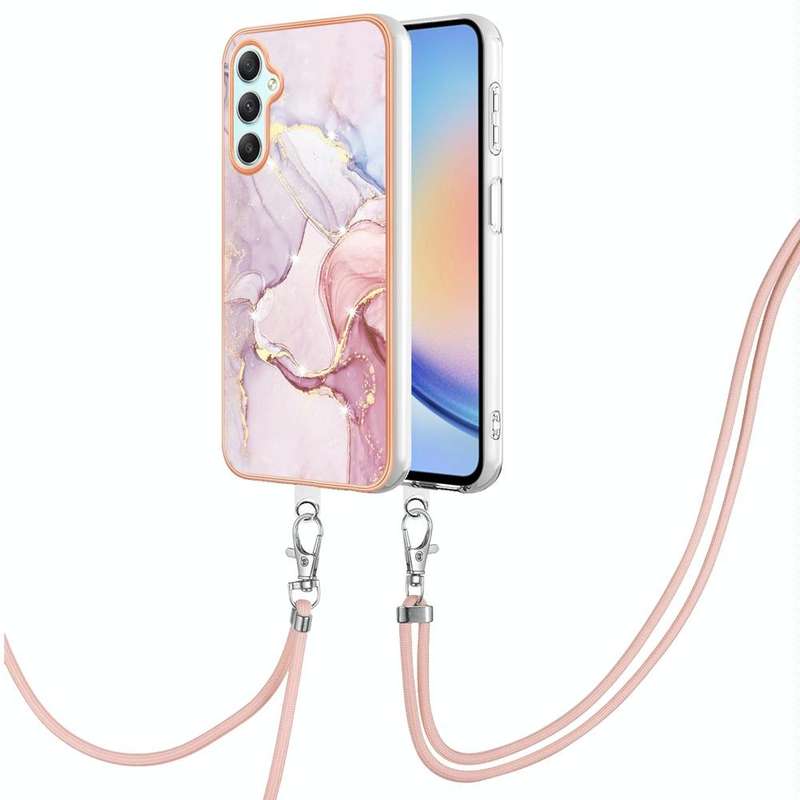 For Samsung Galaxy A24 4G Electroplating Marble Dual-side IMD Phone Case with Lanyard(Rose Gold 005)