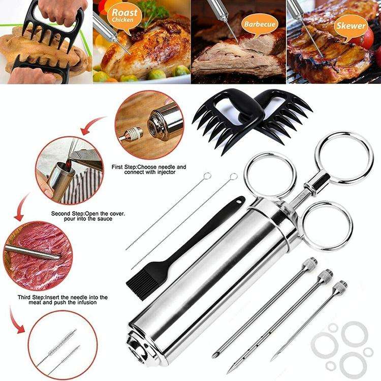 Stainless Steel Seasoning Steak Syringe Turkey Needle Set With Cleaning Silicone Brush(Blue)