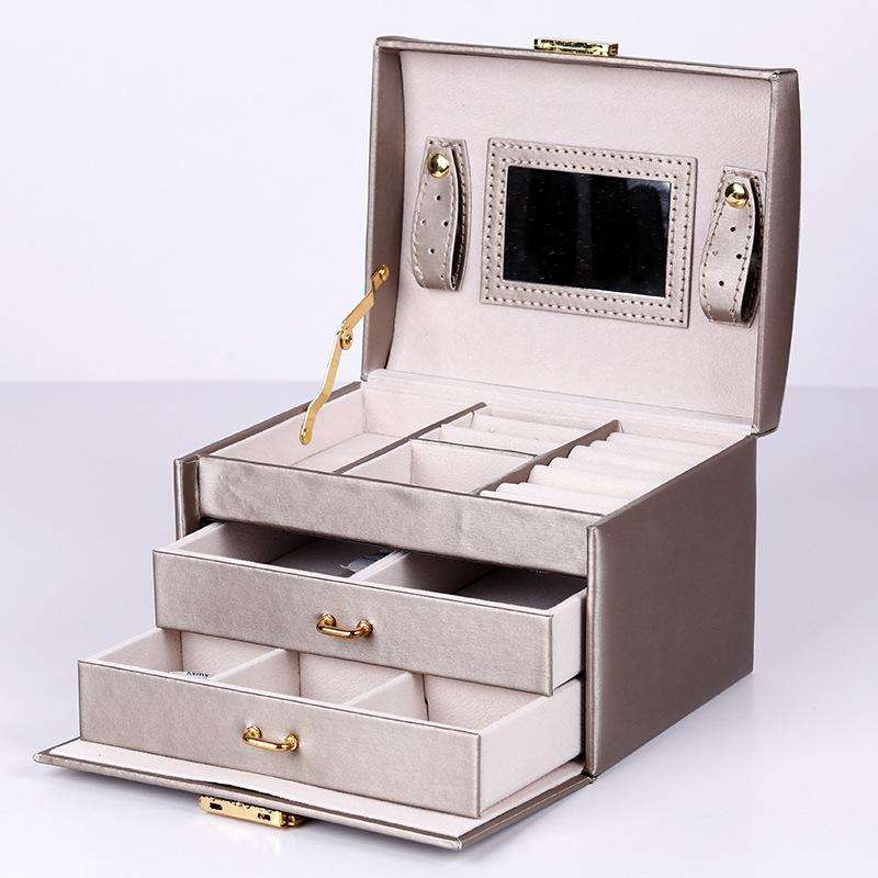 PU Leather Three-Layer Jewelry Box Necklace Storage Display Packaging Box With Handle( Dark Blue)