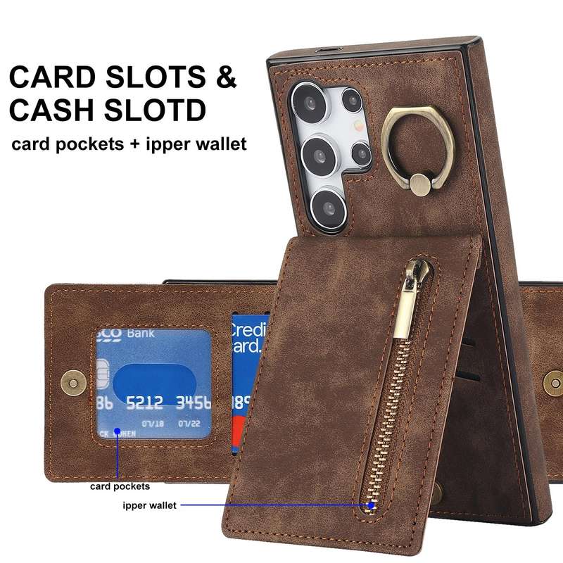 For Samsung Galaxy S24 Ultra 5G Retro Ring and Zipper RFID Card Slot Phone Case(Brown)
