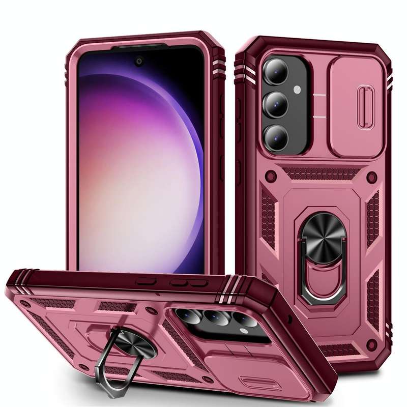 For Samsung Galaxy S23 FE 5G Sliding Camshield TPU + PC Phone Case with Holder(Pink+Rose Red)