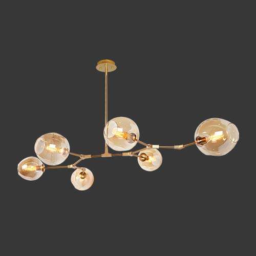 K. Light Molecule Horizontal 6 Light Pendant - Amber / Satin Gold