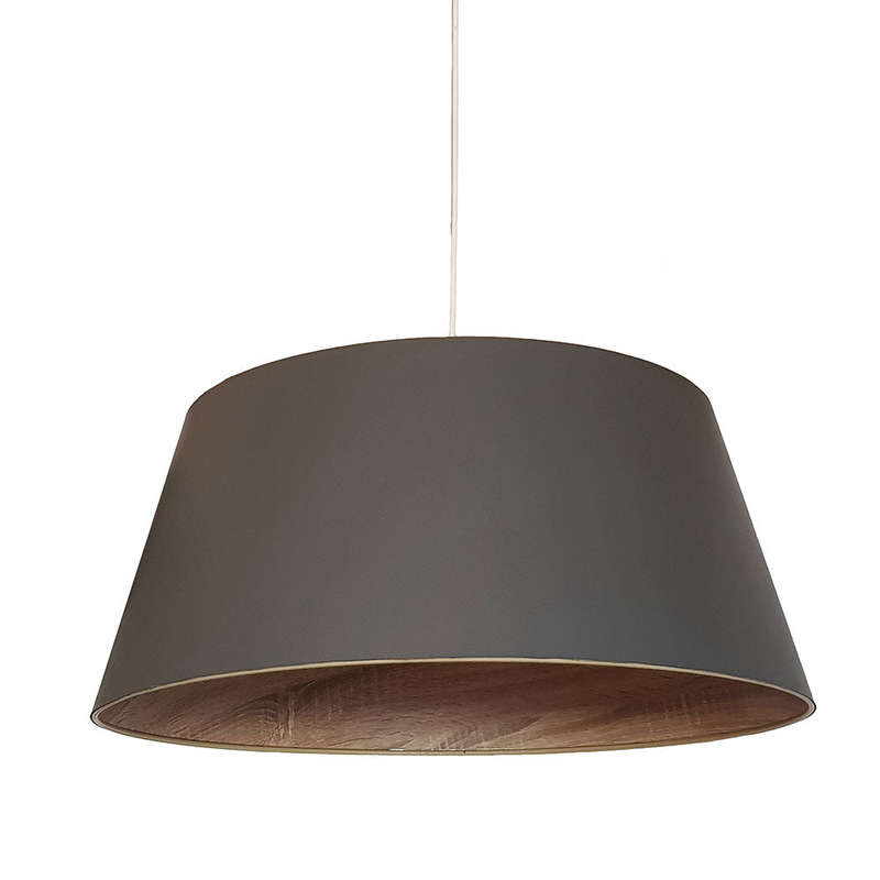 Satin Grey Cotton and Parchment Pendant - Grey and Oak